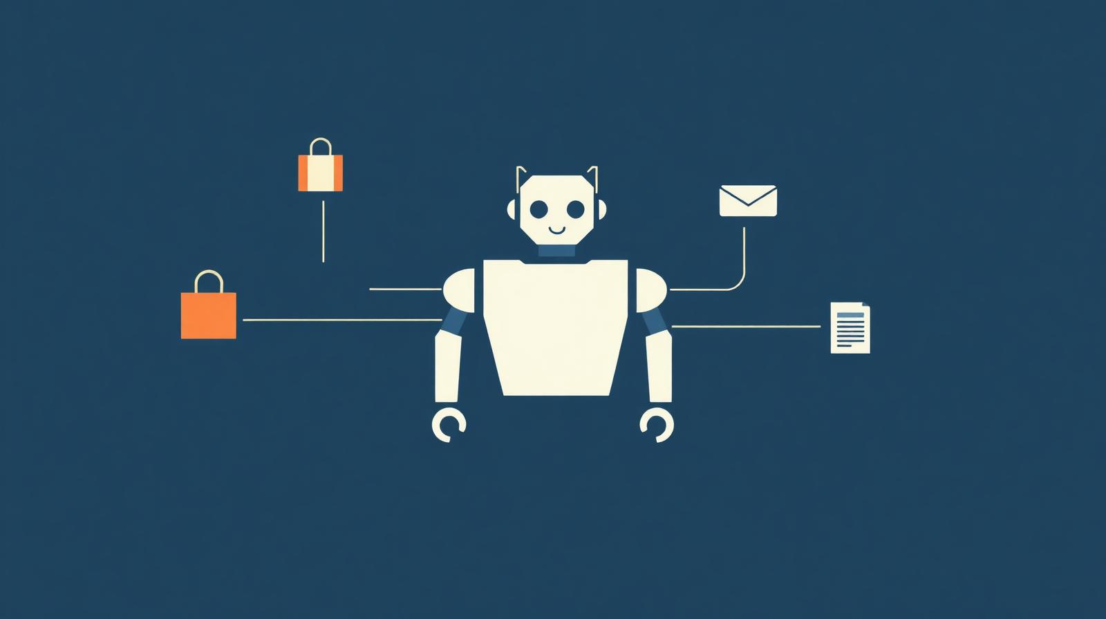 Illustration af en AI agent forbundet til mail, dokumenter og en webshop - symbol på automatisering i en lille eller mellemstor virksomhed