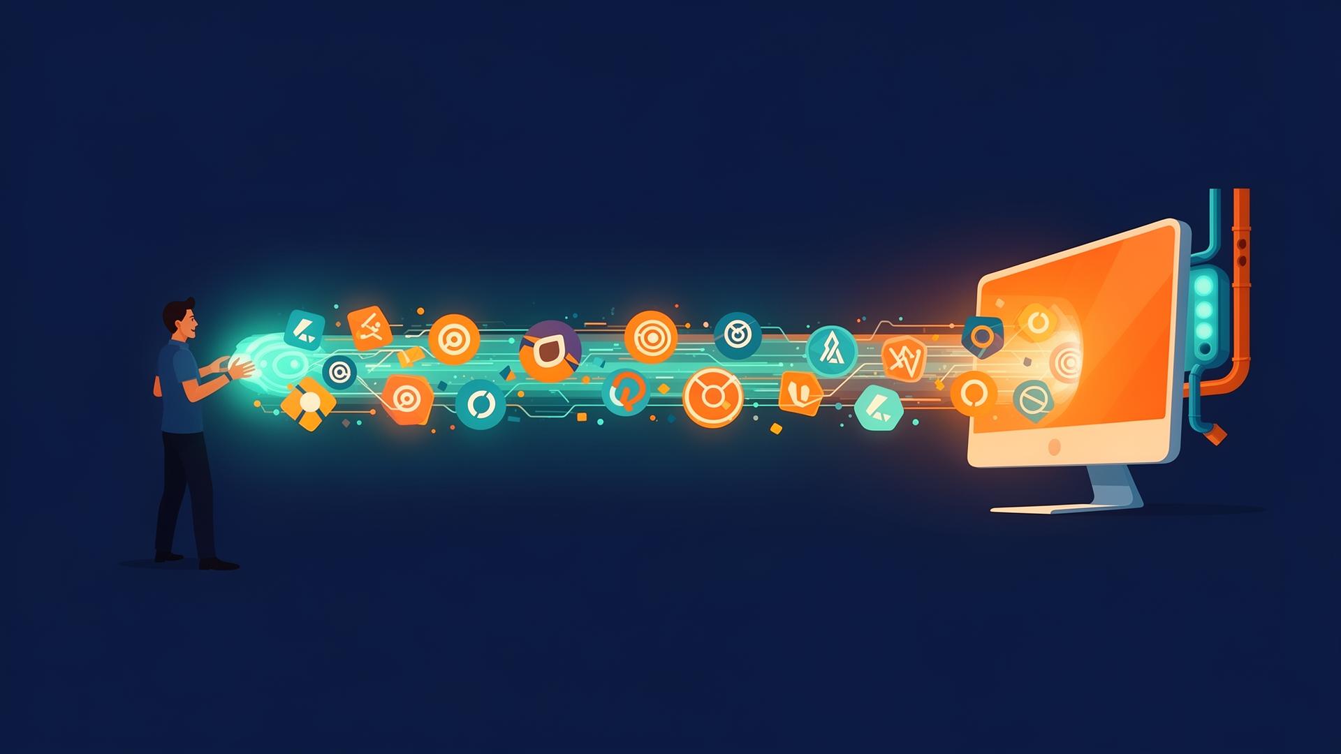 Illustration af en AI-pipeline der automatisk producerer visuelle elementer ud af en computer - symbol på automatisering af kedelige manuelle opgaver i en lille virksomhed