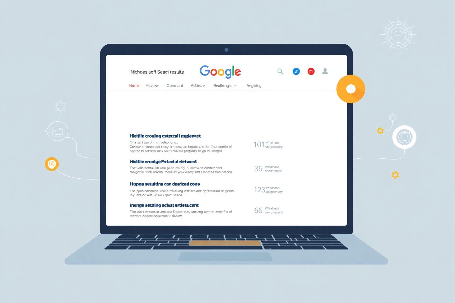 Google søgeresultater på en bærbar med AI-symbolik omkring - illustration af AI-skrevet indhold der ranker i Google