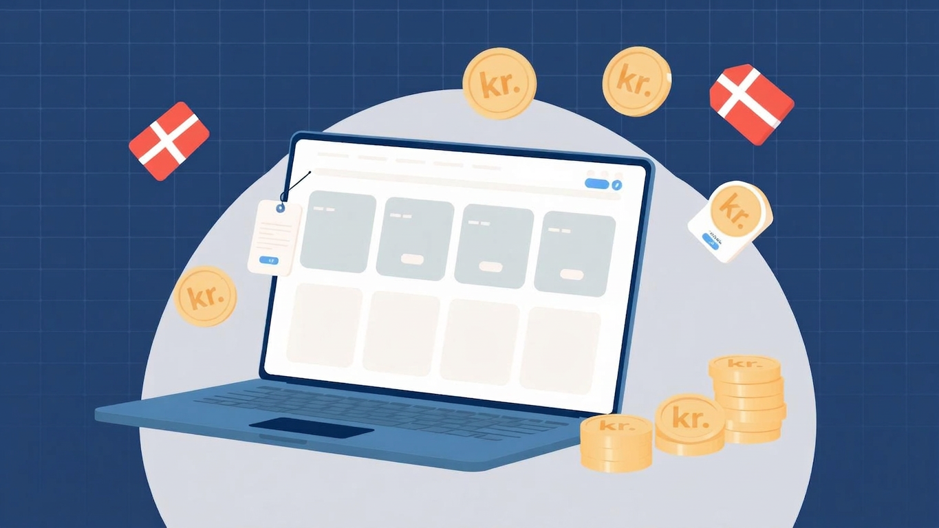Illustration af en laptop med en moderne hjemmeside omgivet af prismærker og danske kroner - hvad koster en hjemmeside til en lille virksomhed i 2026