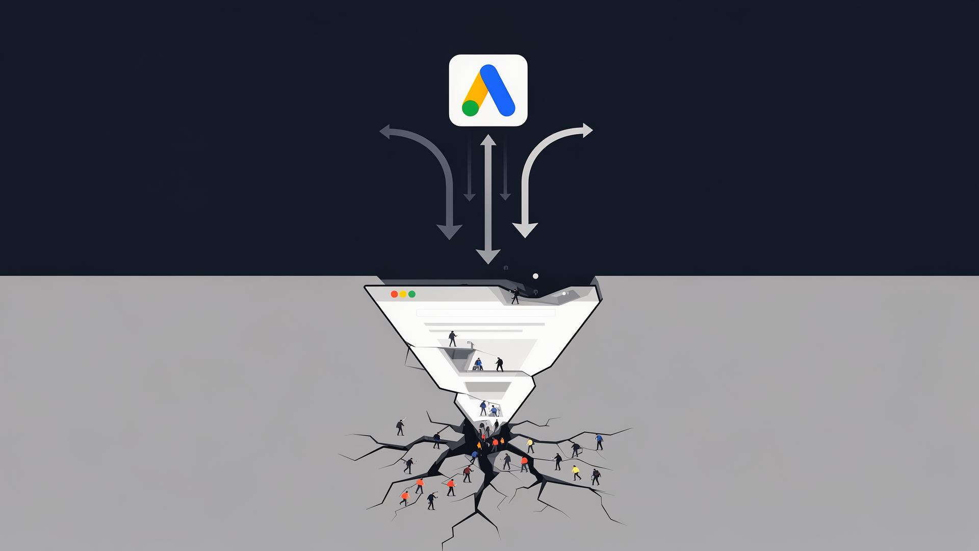 Illustration af en marketing-funnel der lækker konverteringer, fordi landingpagen har sprækker - symbol på at problemet ofte sidder i hjemmesiden, ikke annoncen