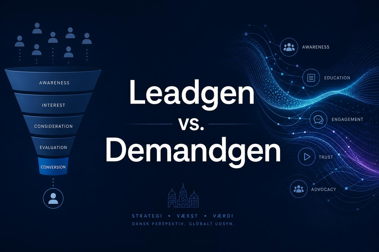 Illustration af to parallelle marketing-strategier - lead generation med en struktureret tragt og demand generation med en bredere, organisk opmærksomhedsstrøm
